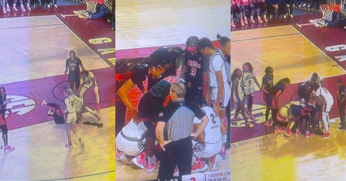 X screenshots of Ole Miss and South Carolina women's basketball players on court