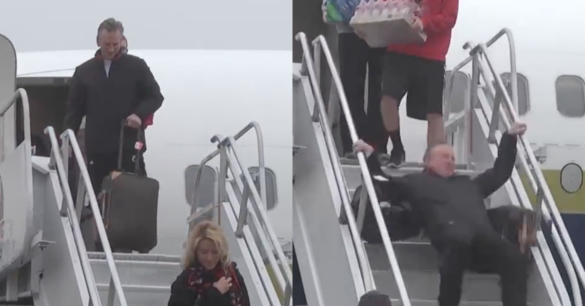 X screenshots of Tommy Tuberville disembarking from a plane and falling down the stairs