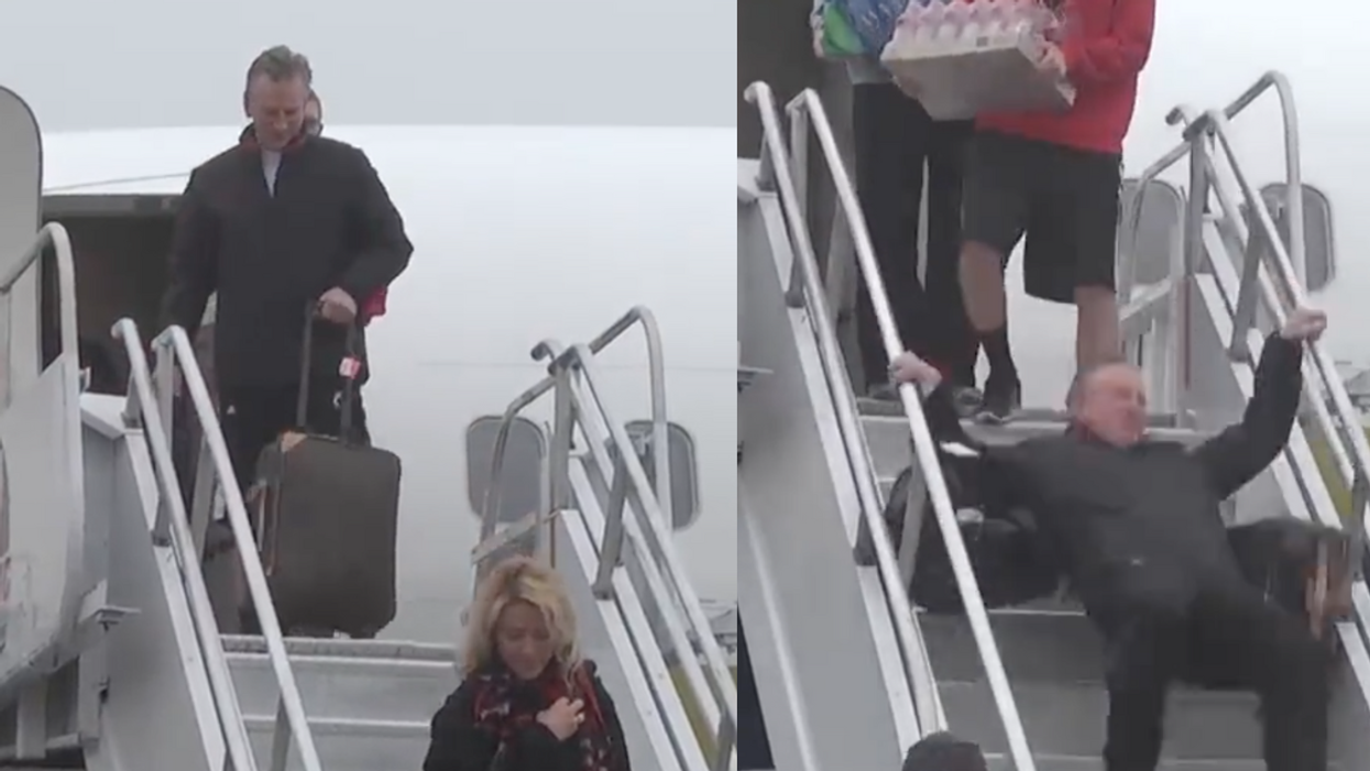 X screenshots of Tommy Tuberville disembarking from a plane and falling down the stairs