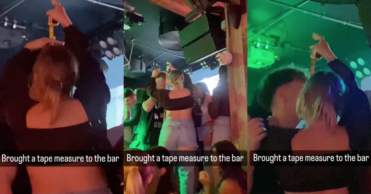 X screenshots of woman measuring man's height at bar