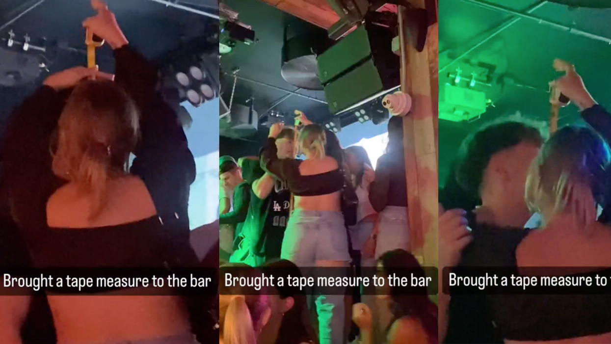 X screenshots of woman measuring man's height at bar