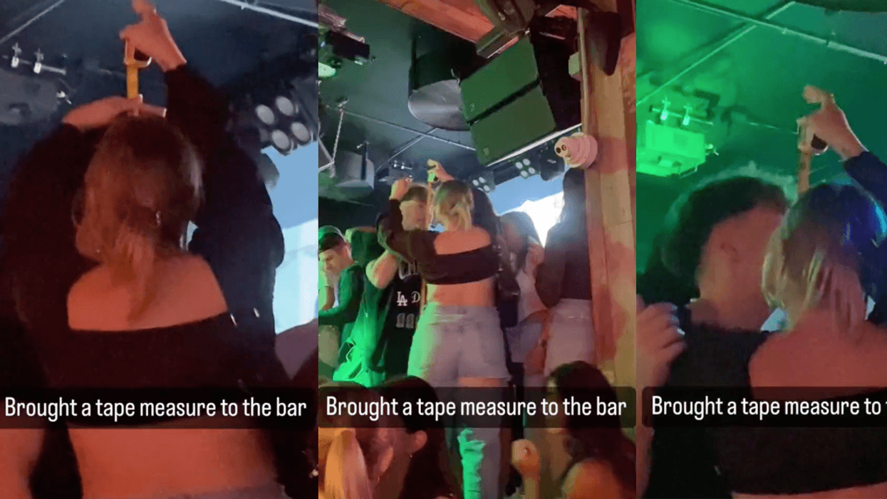 X screenshots of woman measuring man's height at bar