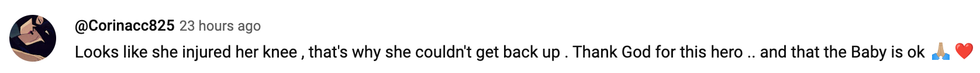 YouTube comment reading: 'Looks like she injured her knee, that's why she couldn't get back up. Thank God for this hero..and that the baby is ok.'
