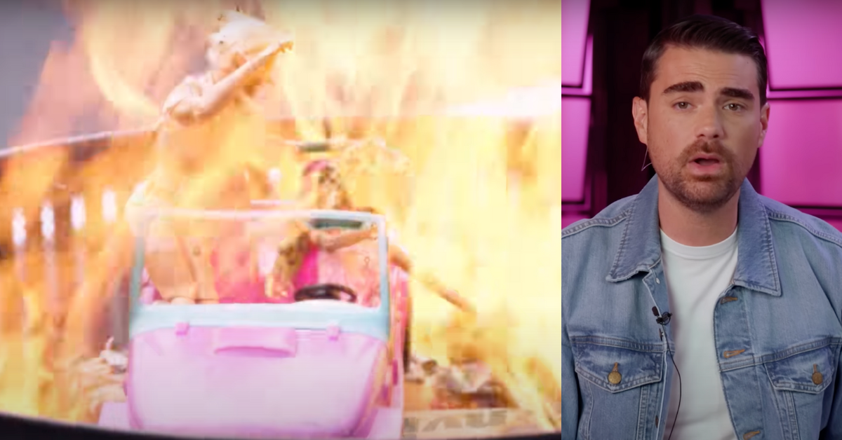 YouTube screenshot of Barbie and Ken merchandise burning on a grill; YouTube screenshot of Ben Shapiro