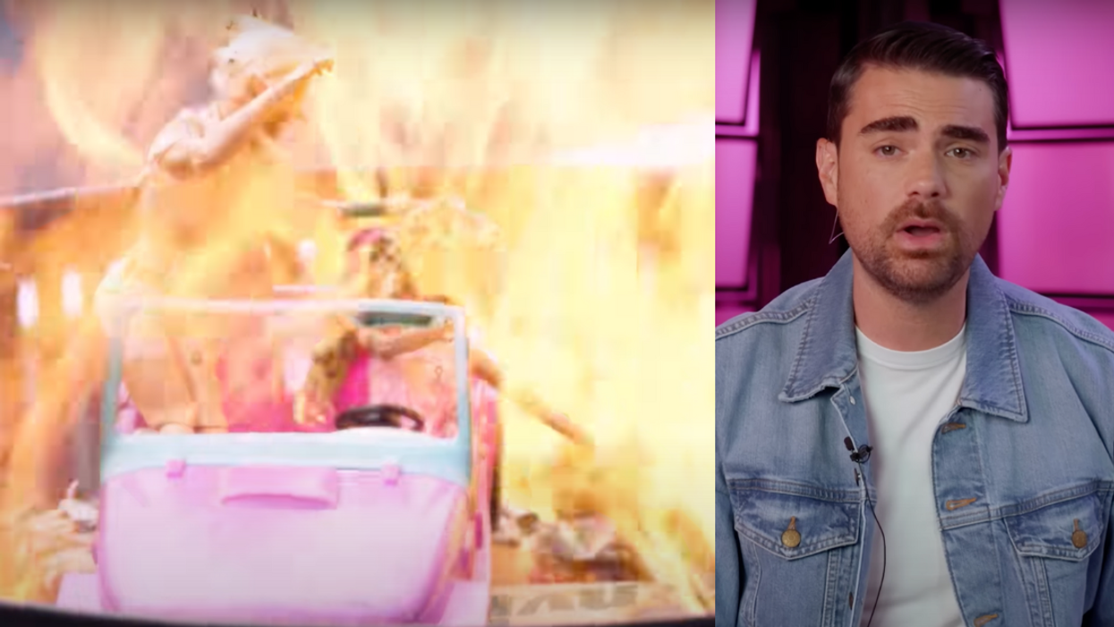YouTube screenshot of Barbie and Ken merchandise burning on a grill; YouTube screenshot of Ben Shapiro
