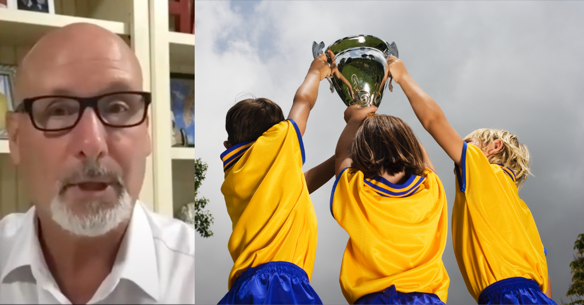 YouTube screenshot of Bobby Hanig; Three children in soccer uniforms holding a trophy
