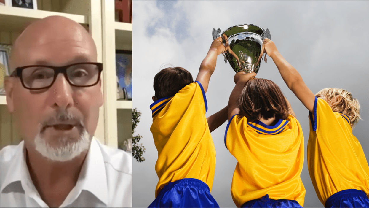 YouTube screenshot of Bobby Hanig; Three children in soccer uniforms holding a trophy