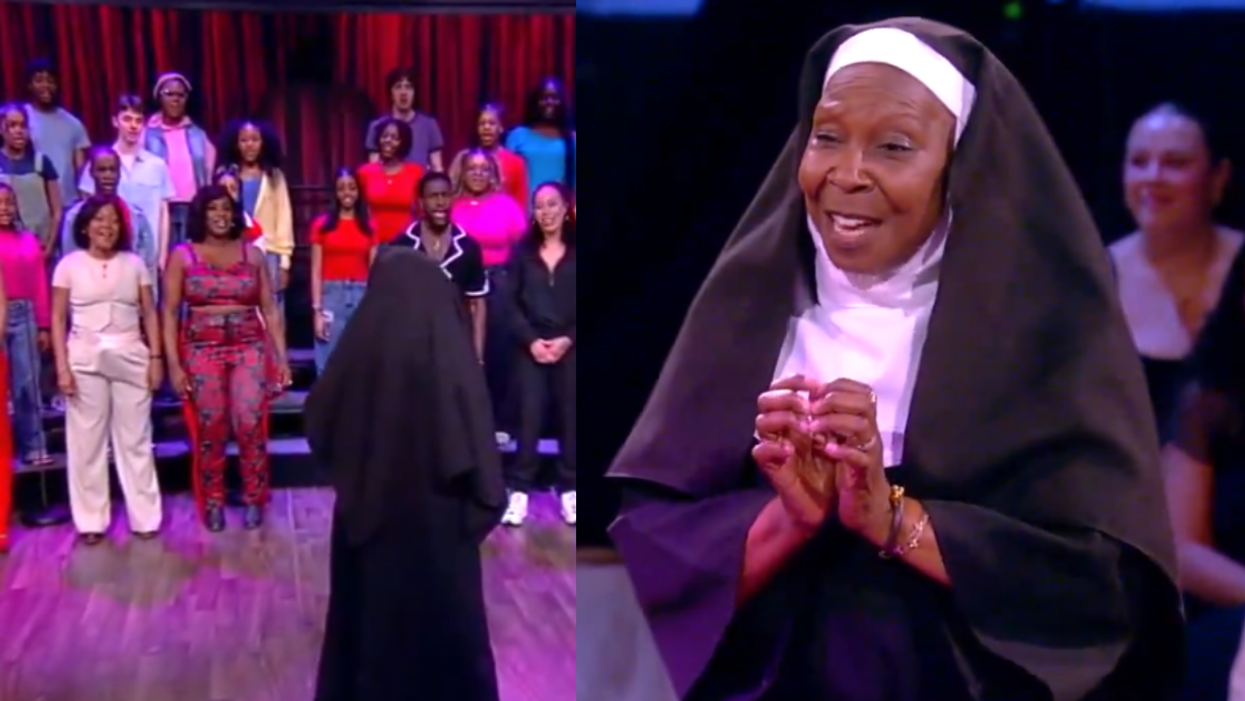 YouTube screenshot of choir; YouTube screenshot of Whoopi Goldberg