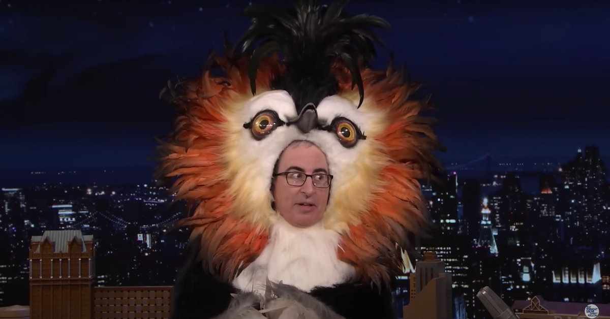 YouTube screenshot of John Oliver dressed as the pūteketeke on Jimmy Fallon's show