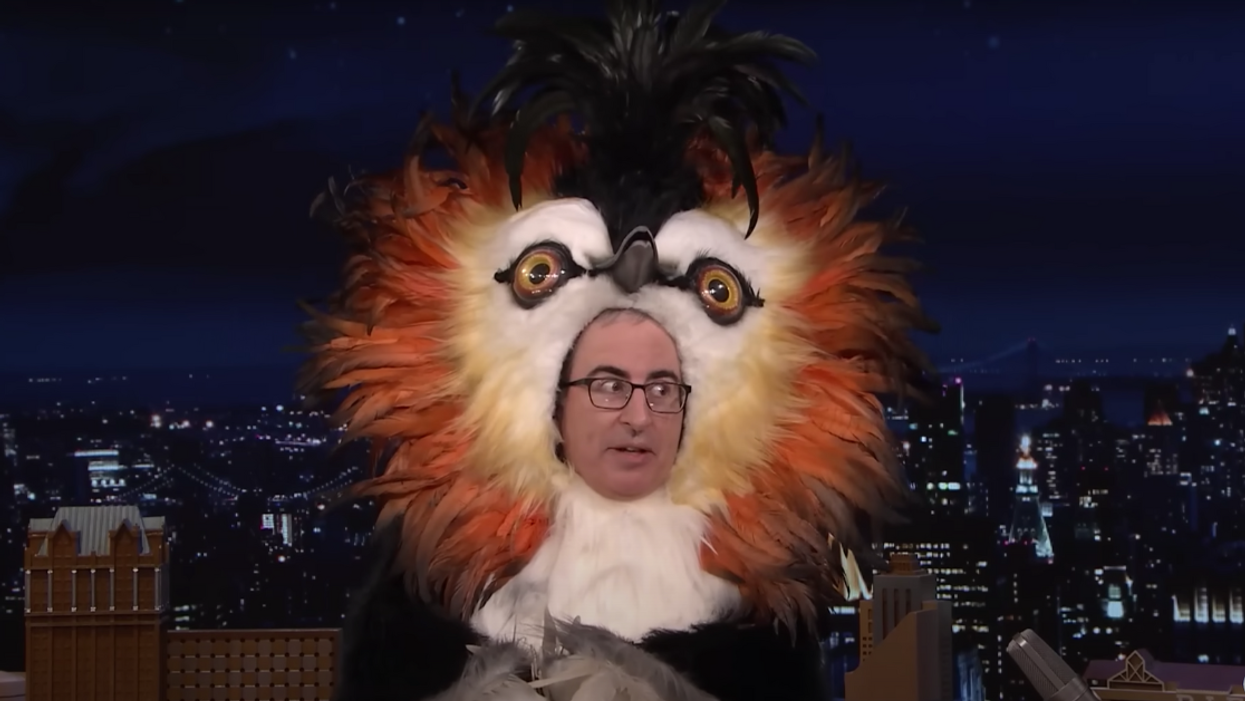 YouTube screenshot of John Oliver dressed as the pūteketeke on Jimmy Fallon's show