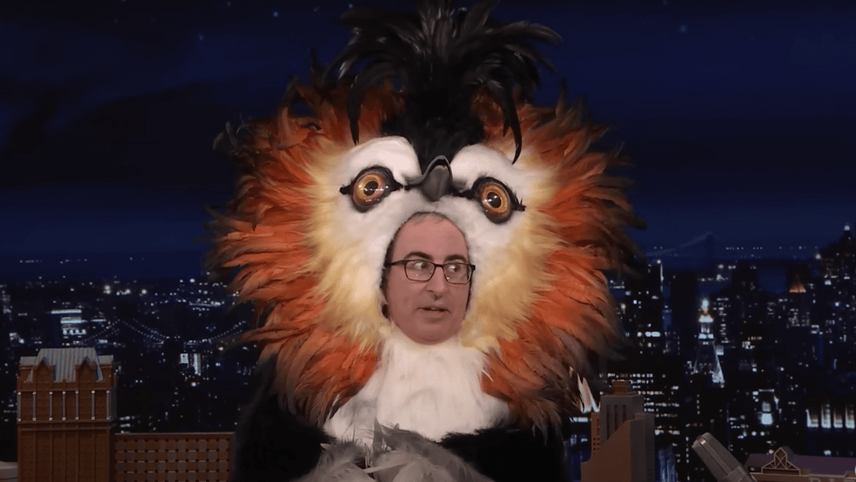 YouTube screenshot of John Oliver dressed as the pūteketeke on Jimmy Fallon's show