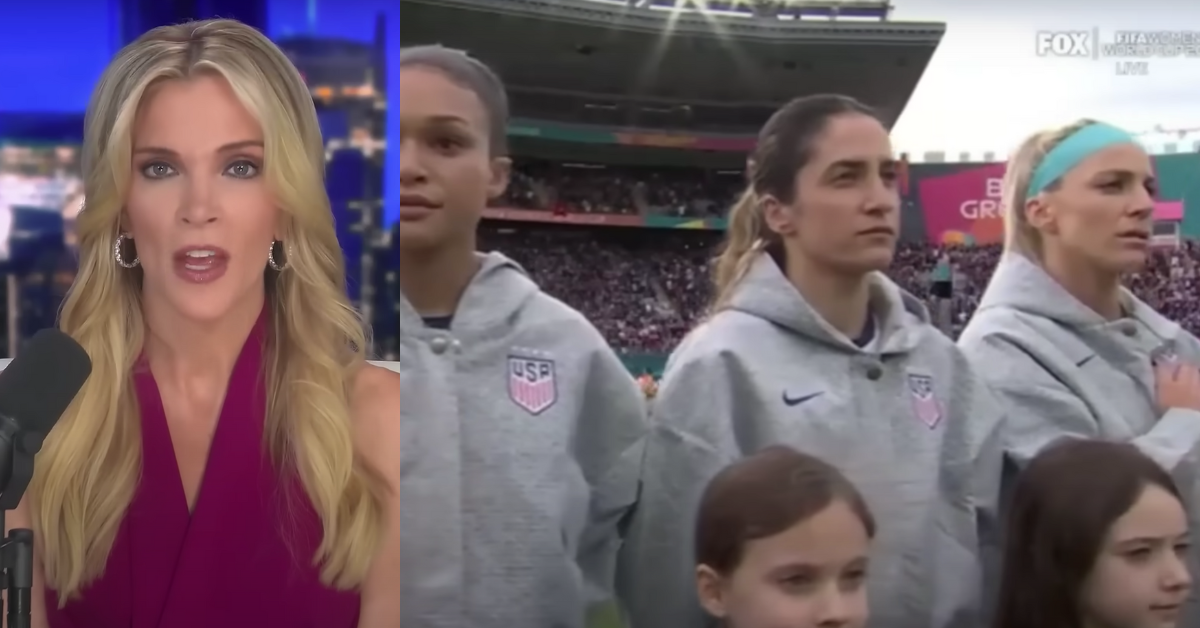 YouTube screenshot of Megyn Kelly; Fox News screenshot of Women's World Cup team not singing national anthem