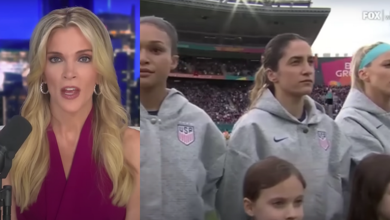 YouTube screenshot of Megyn Kelly; Fox News screenshot of Women's World Cup team not singing national anthem