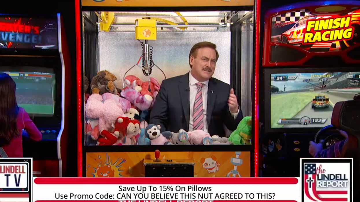 YouTube screenshot of Mike Lindell in a claw machine on "Jimmy Kimmel Live"
