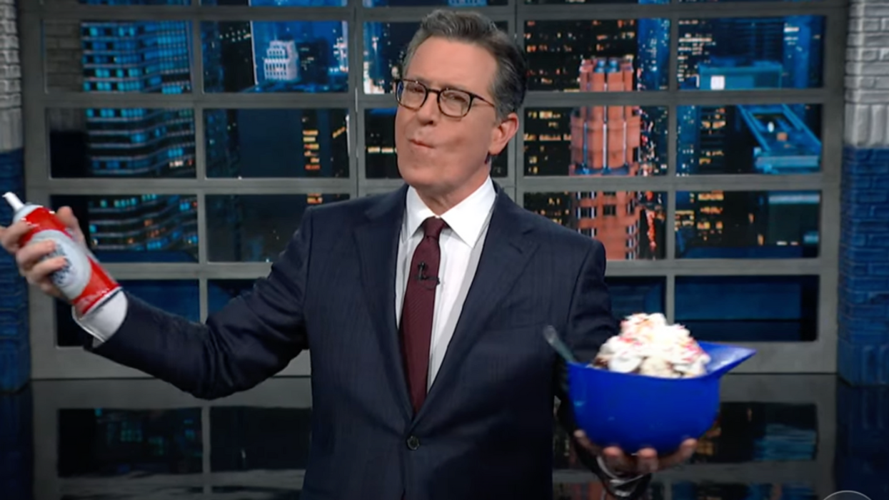 YouTube screenshot of Stephen Colbert on his program