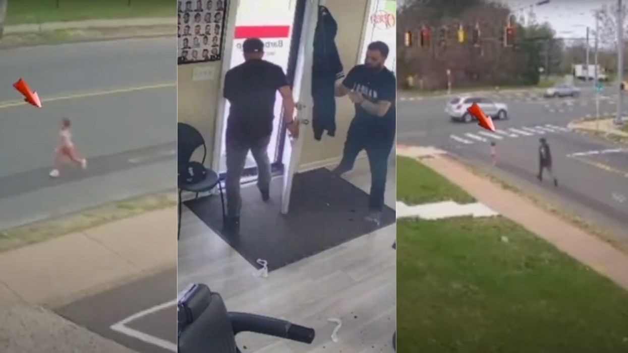 YouTube screenshots of barbers running after toddler