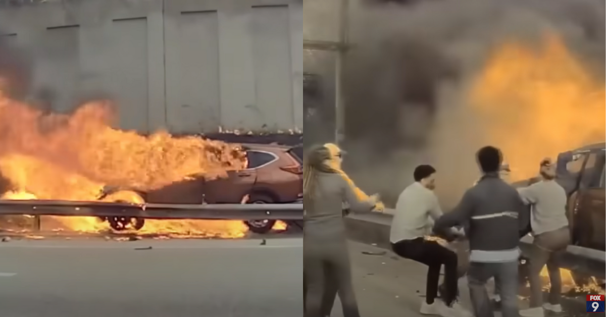 YouTube screenshots of car on fire; bystanders rescuing trapped man