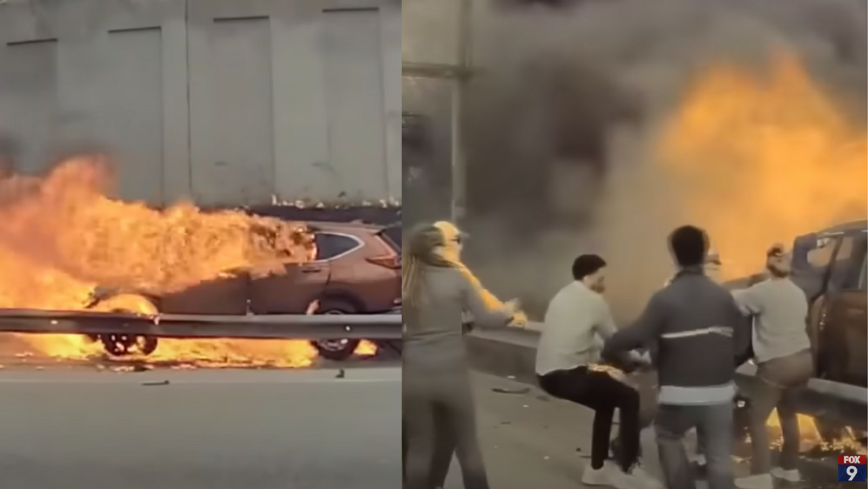 YouTube screenshots of car on fire; bystanders rescuing trapped man