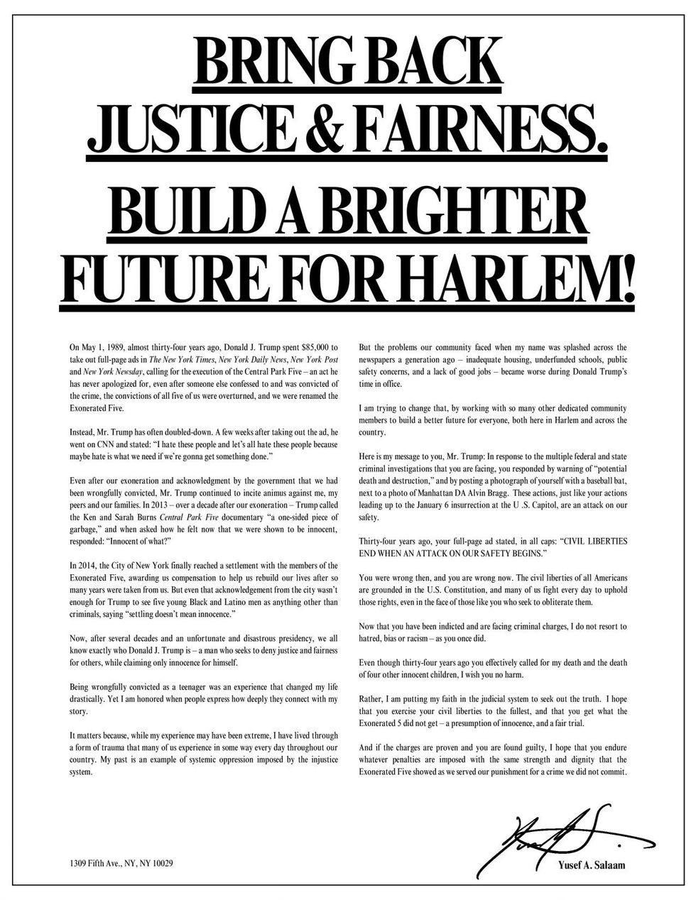 Yusef Salaam's newspaper ad in response to Donald Trump's arraignment