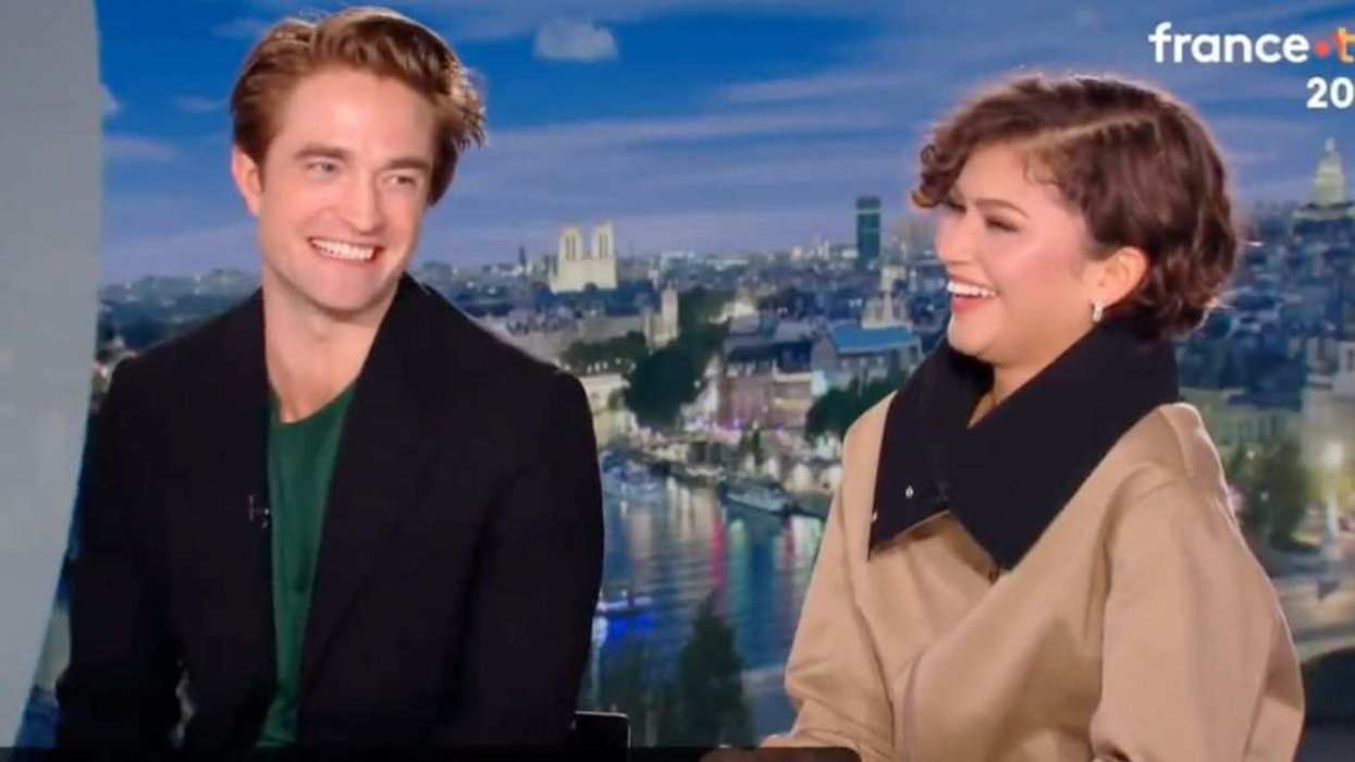 Zendaya (right) and Robert Pattinson (left) laugh off an awkward question during a French TV interview while promoting The Drama.