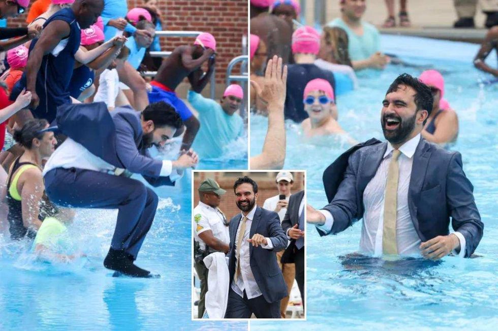 Zohran Mamdani jumping into a swimming pool